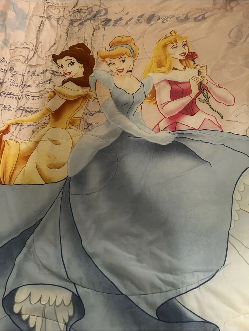 Disney Princess Bedding Cover with Blue, Pink & Yellow Dresses and two pillow